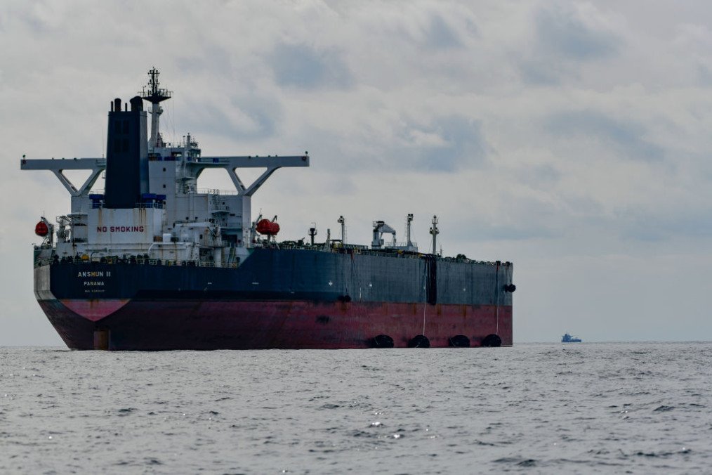 The vessel ANSHUN II with “Yokohama” fenders prepared and pipelines connected to receive another tanker and transfer Russian crude oil, 20 miles off Ceuta, on March 5, 2023, in Ceuta, Spain. (Source: Getty Images)