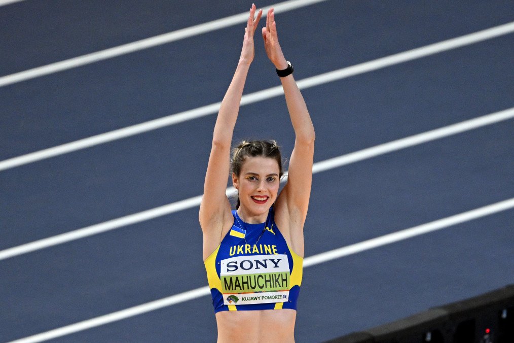 Yaroslava Mahuchikh celebrates after winning gold in the women’s high jump final at the World Athletics Indoor Championships in Toruń on March 20, 2026. (Source: Getty Images)