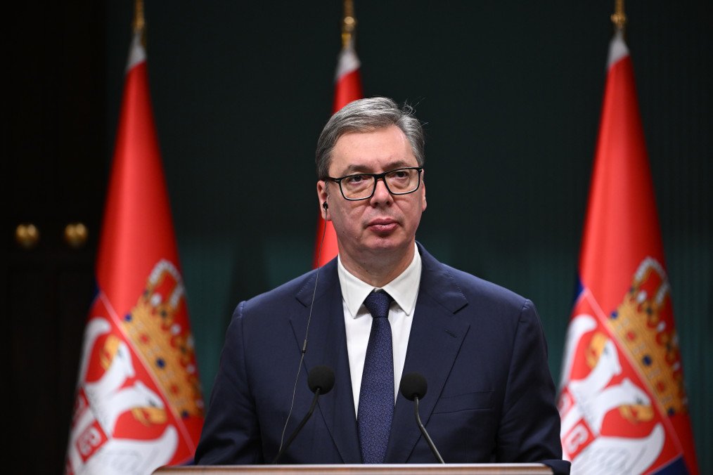 Serbian President Aleksandar Vucic during a joint press conference with Turkish President Recep Tayyip Erdogan after their meeting in Ankara, Turkiye on February 12, 2026. (Source: Getty Images)