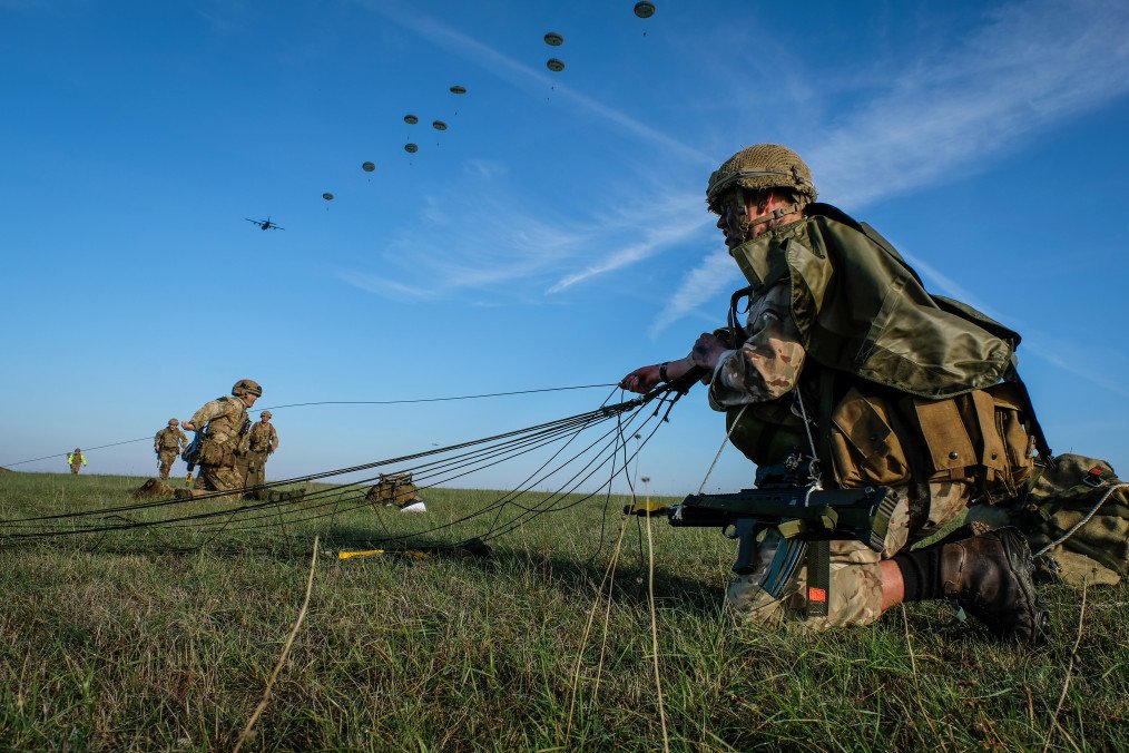 French, British and American paratroopers after they jumped together from a plane in south of France for the training of the Falcon Amarante mission, Occitanie, Caylus, France on Novembre 14, 2018 in Caylus, France. (Source: Getty Images)