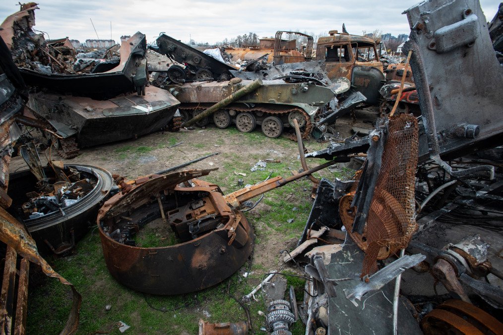 Rusting remnants of a Russian armored column destroyed by Ukrainian forces are piled up on the outskirts of town, Bucha, Ukraine, on April 20, 2022. (Source: Getty Images) Rusting remnants of a Russian armored column destroyed by Ukrainian forces are piled up on the outskirts of town, Bucha, Ukraine, on April 20, 2022. (Source: Getty Images)