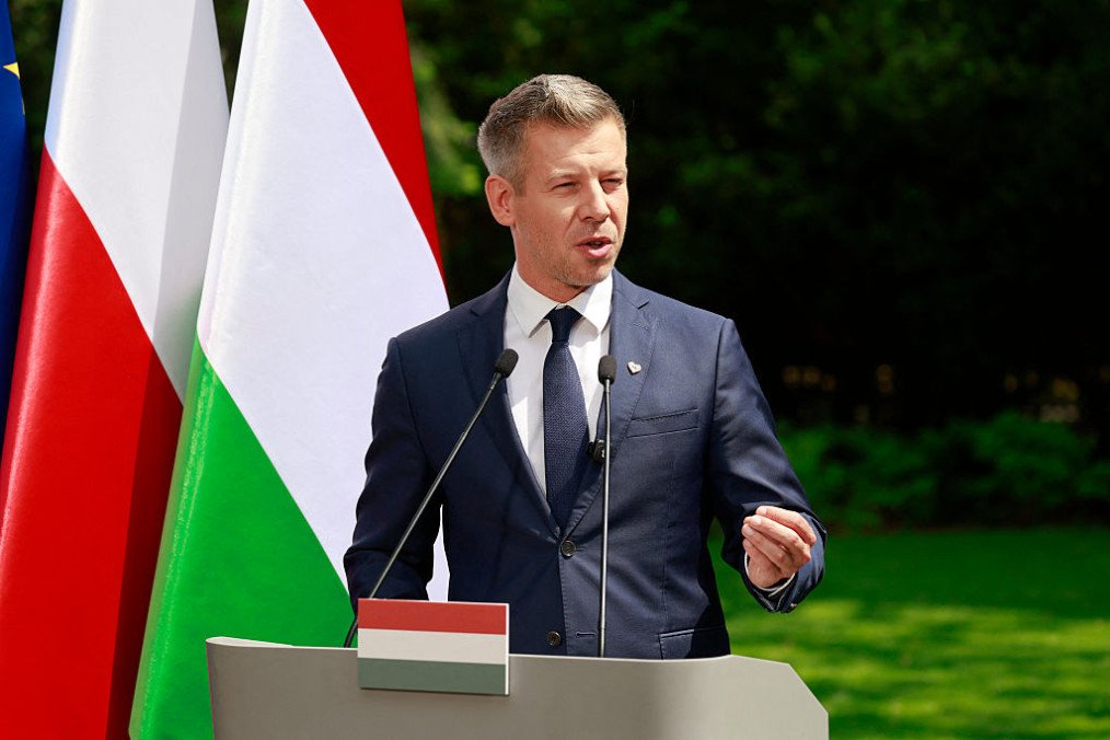 Hungary’s Prime Minister Péter Magyar gestures during a joint press conference with Poland’s Prime Minister at the garden of the Prime Minister’s residency in Warsaw, Poland, on May 20, 2026. (Source: Getty Images)