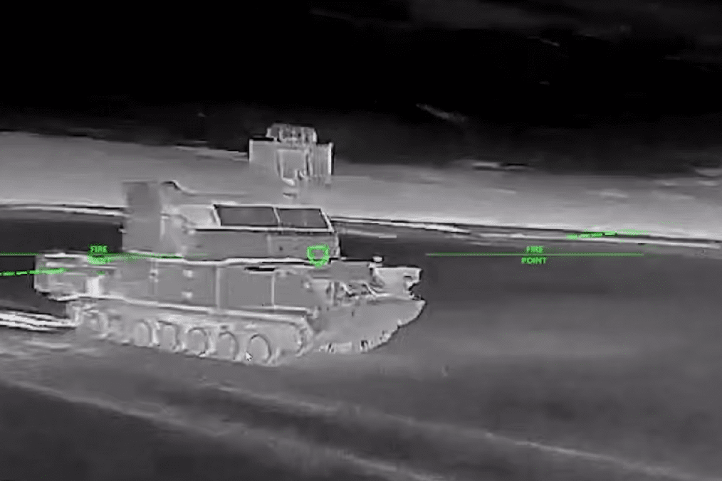 Russian Tor air defense system moments before Ukrainian drone strike, March 2026. (Source: Unmanned Systems Forces)