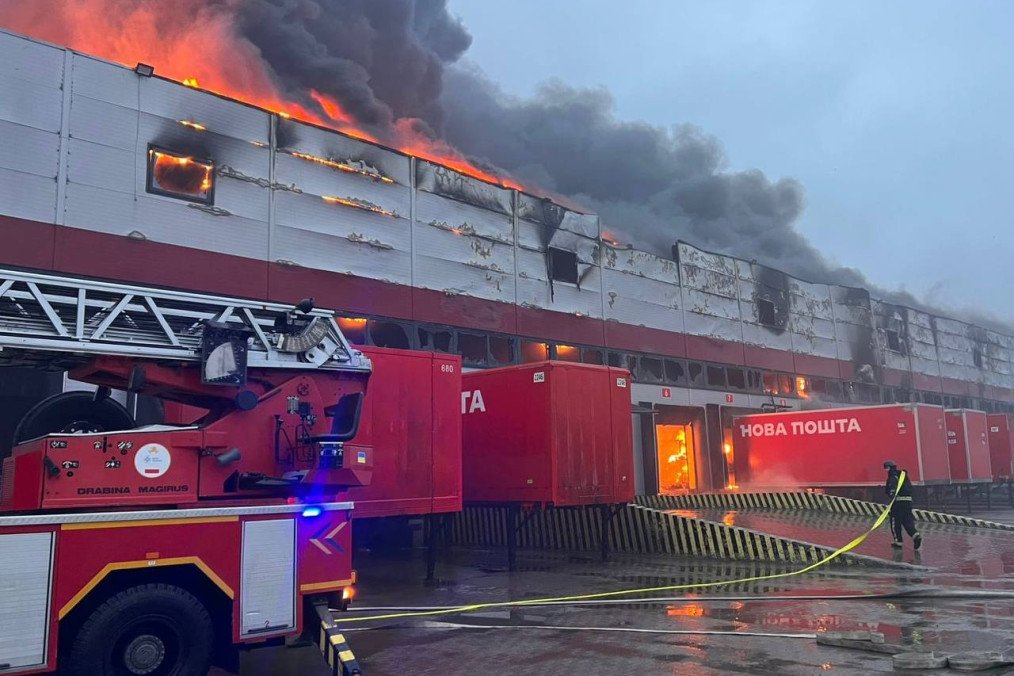 Fire engulfs a Nova Poshta logistics terminal in Lutsk following a Russian drone strike. (Source: Lutsk Former Mayor Ihor Polishchuk)