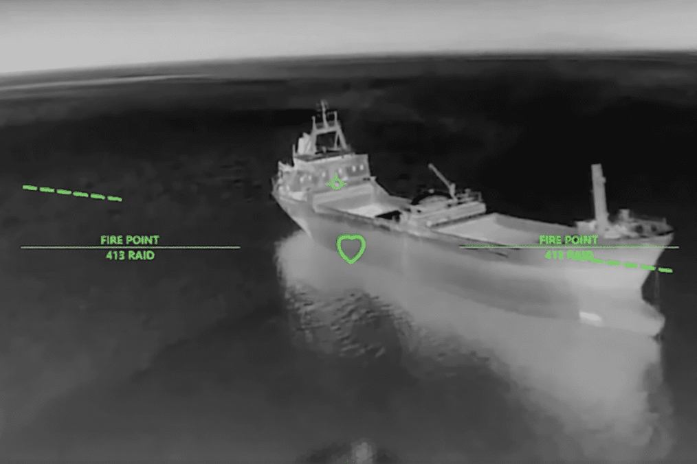 A thermal image released by Robert “Madyar” Brovdi purportedly shows a Russian cargo vessel during a Ukrainian drone operation targeting Russia’s shadow fleet (Source: Robert “Madyar” Brovdi/Telegram) A thermal image released by Robert “Madyar” Brovdi purportedly shows a Russian cargo vessel during a Ukrainian drone operation targeting Russia’s shadow fleet (Source: Robert “Madyar” Brovdi/Telegram)