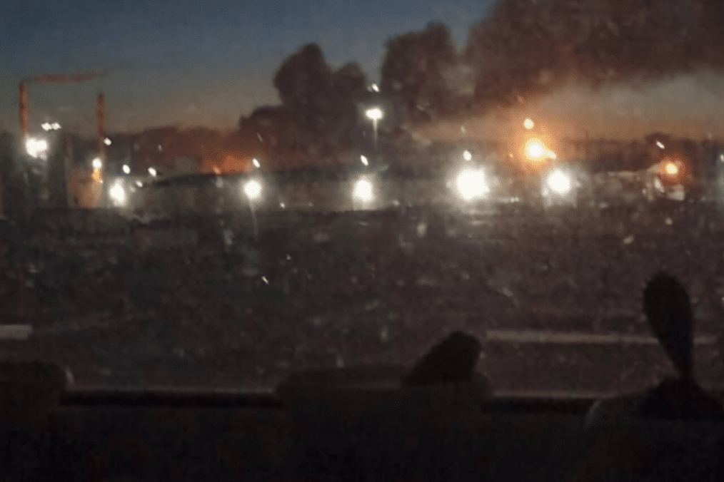 A fire burns at the Kirishi Oil Refinery following a reported drone strike overnight on May 5. (Source: Exilenova+)