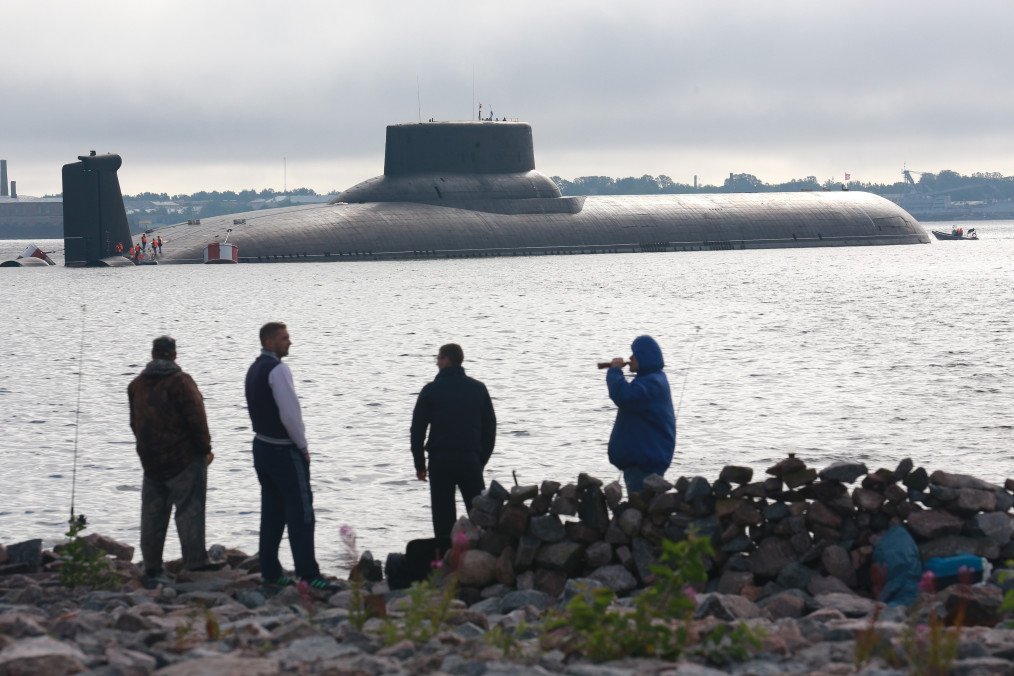 The Dmitriy Donskoy (TK-208) nuclear ballistic missile submarine arrives at St Petersburg to take part in a ship parade marking Russian Navy Day in Russia on July 26, 2017.