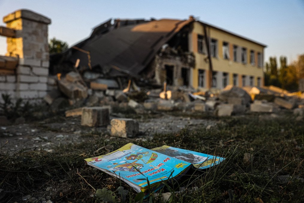 A schoolbook lies outside a destroyed school in Druzhkivka, Donetsk region, following a Russian missile strike. (Source: Getty Images) A schoolbook lies outside a destroyed school in Druzhkivka, Donetsk region, following a Russian missile strike. (Source: Getty Images)