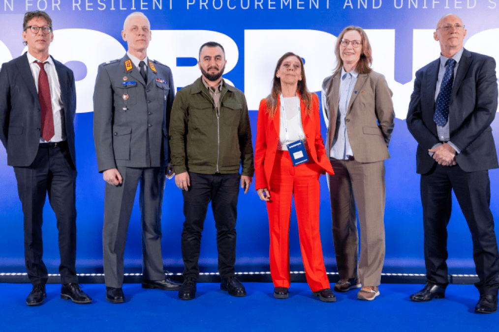 Ukraine’s Defense Procurement Agency (DOT) Director Arsen Zhumadilov (center) and officials from 5 allied nations launch the CORPUS defense procurement coalition in Kyiv on April 30. (Source DOT)