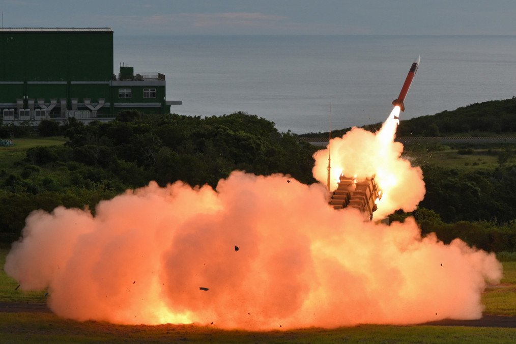 A US-made MIM-104 Patriot surface-to-air missile is launched during a live fire exercise at the Chiupeng missile base in Pingtung County on August 20, 2024.