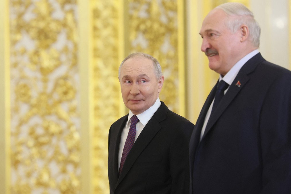 Russian leader Vladimir Putin greets Belarusian leader Alexander Lukashenko ahead of a meeting of the Supreme State Council of the Union State in Moscow, Russia, on February 26, 2026. (Source: Getty Images)