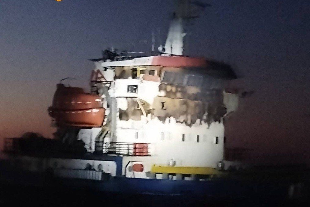 Aftermath of a Russian drone strike on a Turkish-owned cargo ship ANT near Odesa, May 29, 2026.