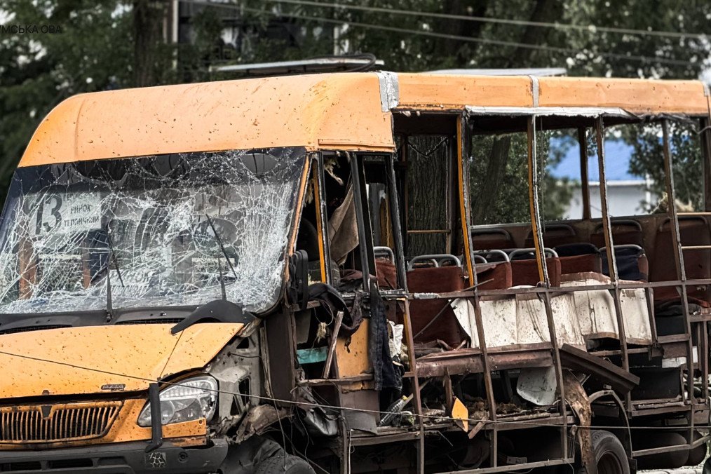 A public minibus damaged after a Russian guided bomb strike hit Sumy on July 11, 2026. (Source: Sumy Regional Military Administration)
