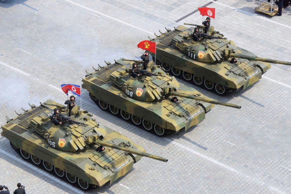 Tanks take part in a military parade at Kim Il Sung Square in Pyongyang on April 15, 2017. (Source: Getty Images)