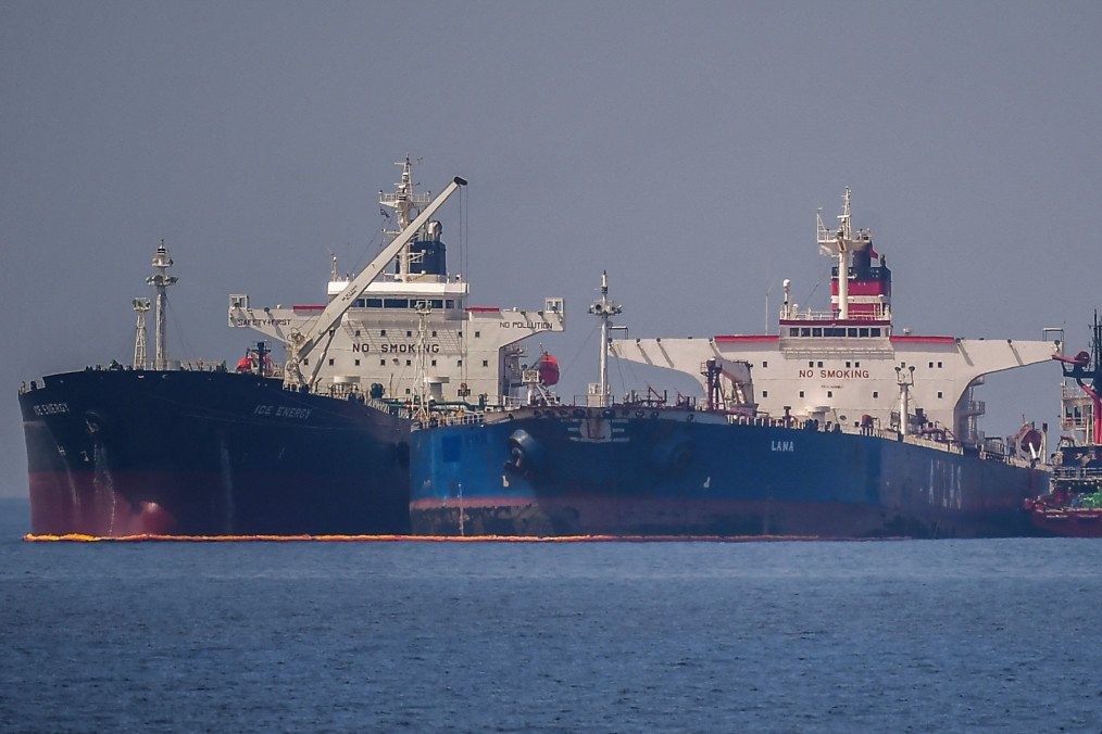 The Liberian-flagged oil tanker Ice Energy transfers sanctioned crude oil from the Russian-flagged oil tanker Lana (former Pegas), off the shore of Karystos, on the Island of Evia, on May 29, 2022. (Source: Getty Images) The Liberian-flagged oil tanker Ice Energy transfers sanctioned crude oil from the Russian-flagged oil tanker Lana (former Pegas), off the shore of Karystos, on the Island of Evia, on May 29, 2022. (Source: Getty Images)