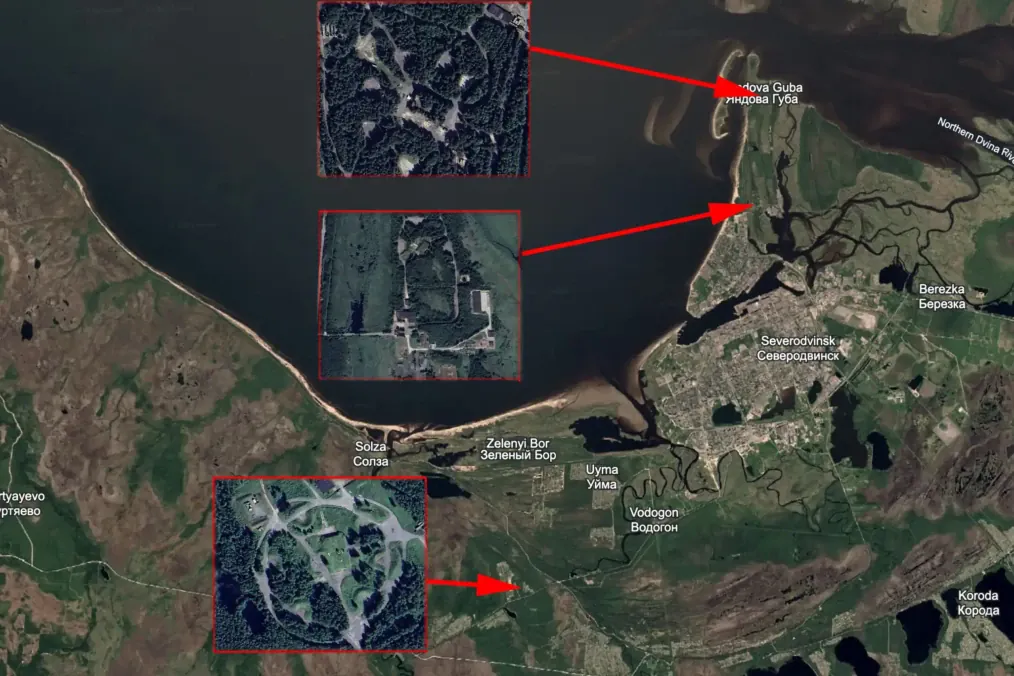 Satellite view of air defense positions around Severodvinsk in northwestern Russia. (Source: Barents Observer / Google Earth) Satellite view of air defense positions around Severodvinsk in northwestern Russia. (Source: Barents Observer / Google Earth)