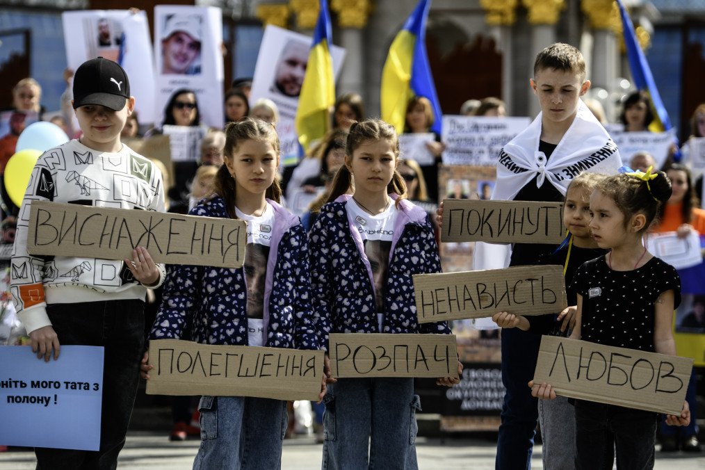 Relatives and friends of civilian Ukrainians are attending a rally to demand the acceleration of their release from Russian captivity, amid Russia's attack on Ukraine, at Independence Square in Kyiv, Ukraine, on April 6, 2024. (Source: Getty Images)