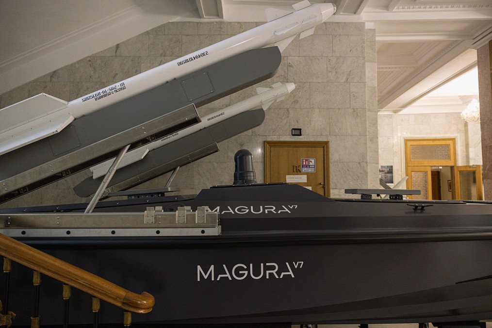 A Ukrainian made MAGURA surface sea drone ground drones are displayed at the Ministry of Foreign Affairs of Ukraine on February 16, 2026 in Kyiv, Ukraine. (Source: Getty Images)