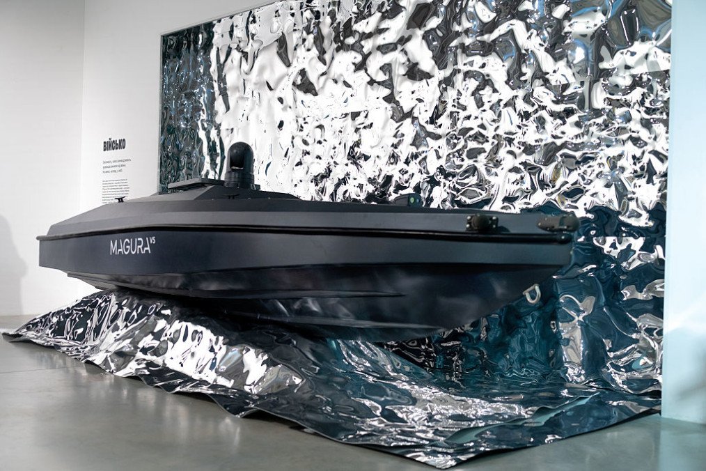 A Ukrainian naval drone MAGURA V5 is on display at the opening of the Ukraine WOW exhibition on December 4, 2025 in Kyiv, Ukraine. (Source: Getty Images)