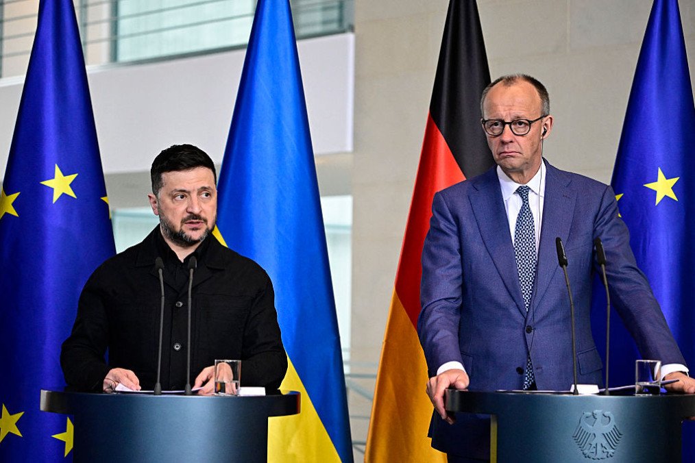 German Chancellor Friedrich Merz (R) and Ukrainian President Volodymyr Zelensky attend a press conference in the Chancellery in Berlin on April 14, 2026 during German-Ukrainian government consultations. (Source: Getty Images) German Chancellor Friedrich Merz (R) and Ukrainian President Volodymyr Zelensky attend a press conference in the Chancellery in Berlin on April 14, 2026 during German-Ukrainian government consultations. (Source: Getty Images)