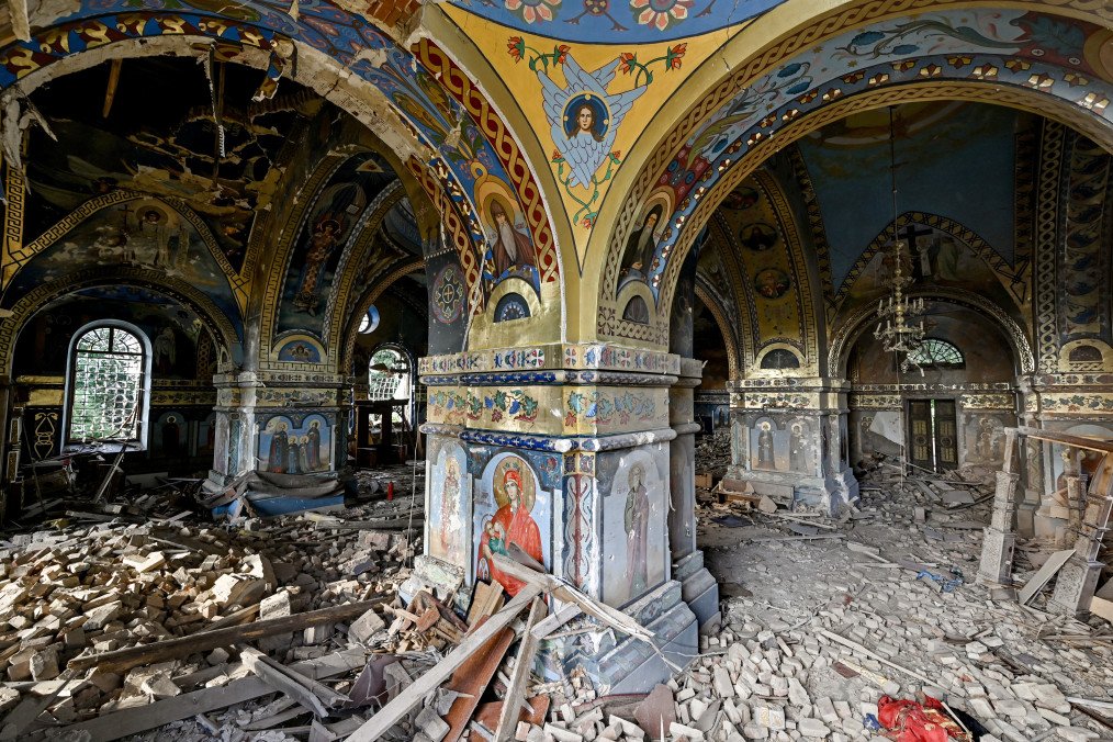 The interior of the Church of the Nativity of the Blessed Virgin Mary is being damaged by the Russian shelling in Novoekonomichne, Ukraine, on August 7, 2024. (Source: Getty Images)