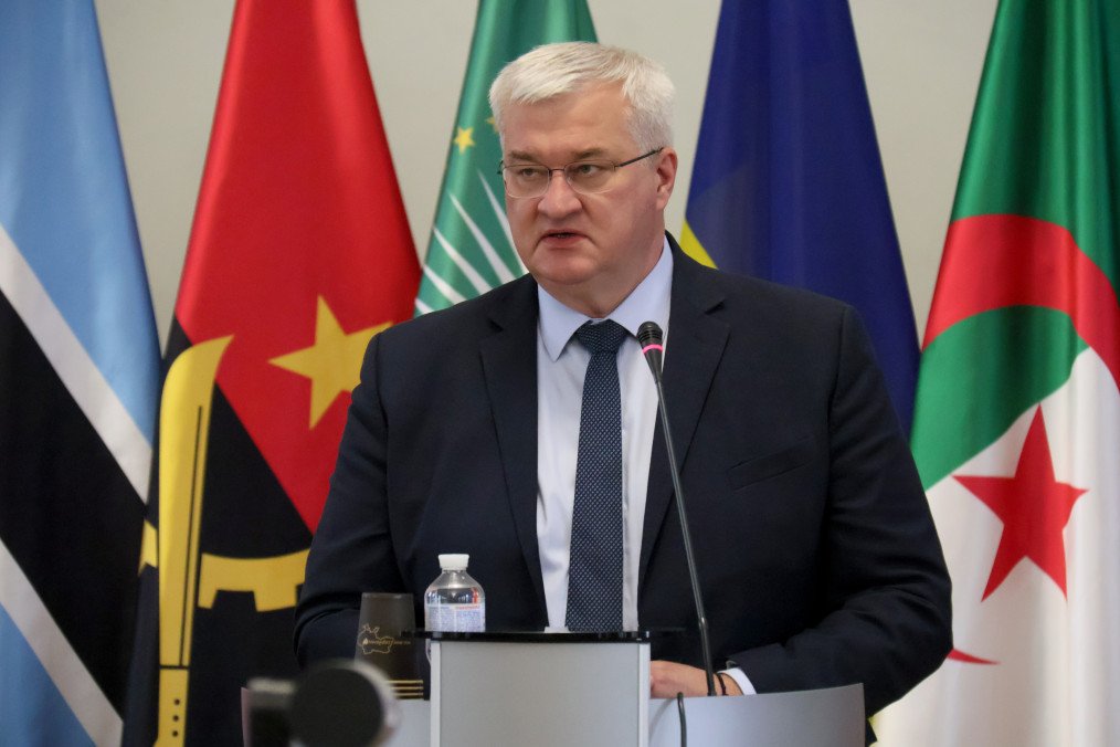 Ukrainian Foreign Minister Andrii Sybiha delivers a speech during the forum "UkraineAfrica: Past, Present and Future of Relations" in Kyiv, Ukraine, on May 26, 2026. (Source: Getty Images)
