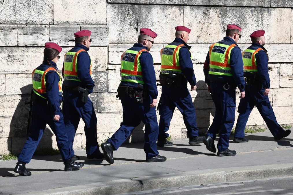 Police officers walk in Budapest, Hungary on April 7. (Source: Getty Images)
