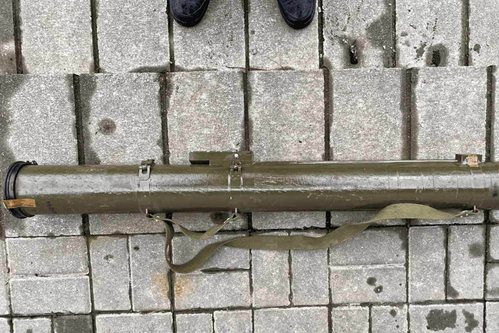 A transport-launch container for the Ukrainian-made RK-3 “Corsar” missile held by the Alfa special unit of Belarus’s KGB. (Photo: BYPOL)