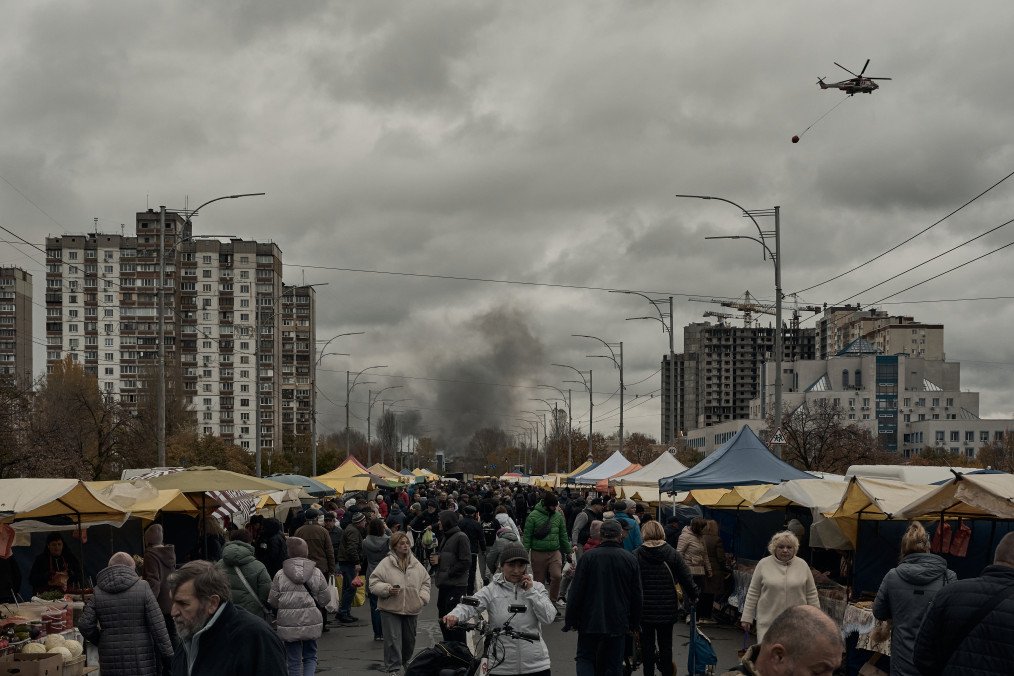 A civilian warehouse burns after a night rocket attack on October 25, 2025, in Kyiv, Ukraine. (Source: Getty Images)
