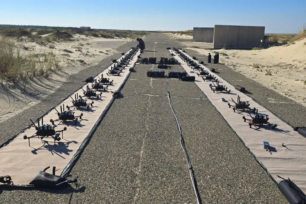 FPV interceptor drones preparing to launch from a ground-based launcher of Atreyd’s DWS-1 system. (Source: Atreyd)