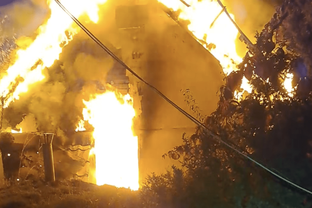 The Sadiba Nyushanik bird rehabilitation center burns following an overnight Russian attack on the Kyiv region. (Source: Iryna Snopko)
