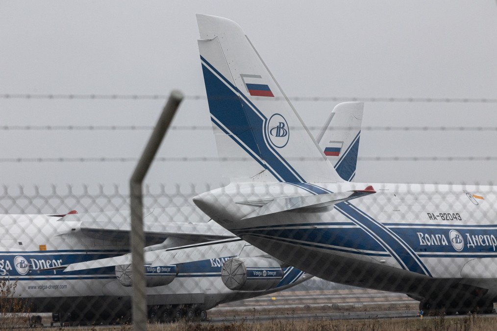 The tails of two Russian Antonov An-124 cargo aircraft. (Source: Getty Images)