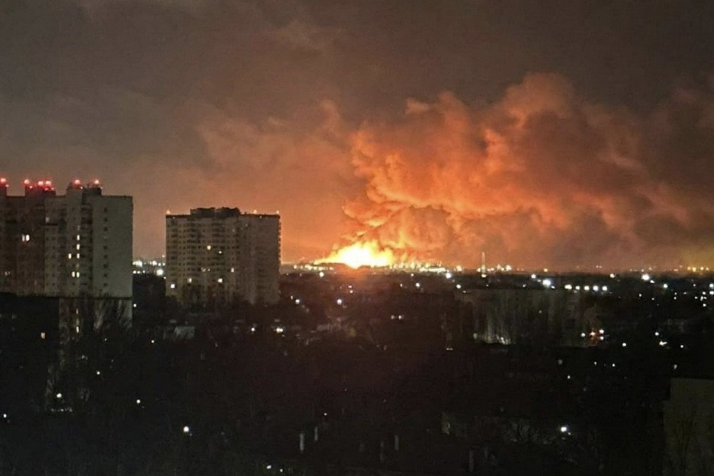 Slavneft–YANOS oil refinery in flames after a reported drone strike on December 12, 2025. (Photo: open source)