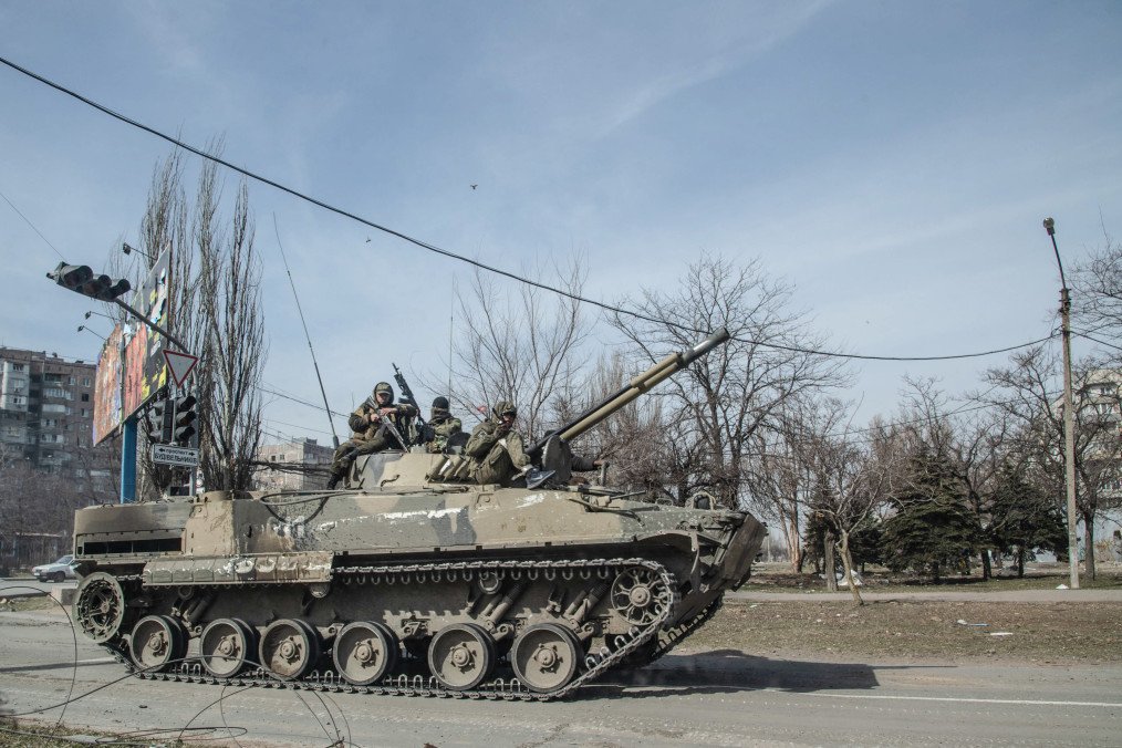 Russian soldiers on a BMP-3 infantry fighting vehicle drive through central Mariupol, March 29, 2022. (Source: Getty Images) Russian soldiers on a BMP-3 infantry fighting vehicle drive through central Mariupol, March 29, 2022. (Source: Getty Images)