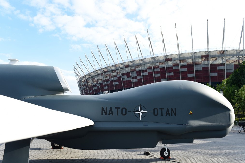A NATO drone is set up in front of the national stadium in Warsaw, Poland. (Source: Getty Images)