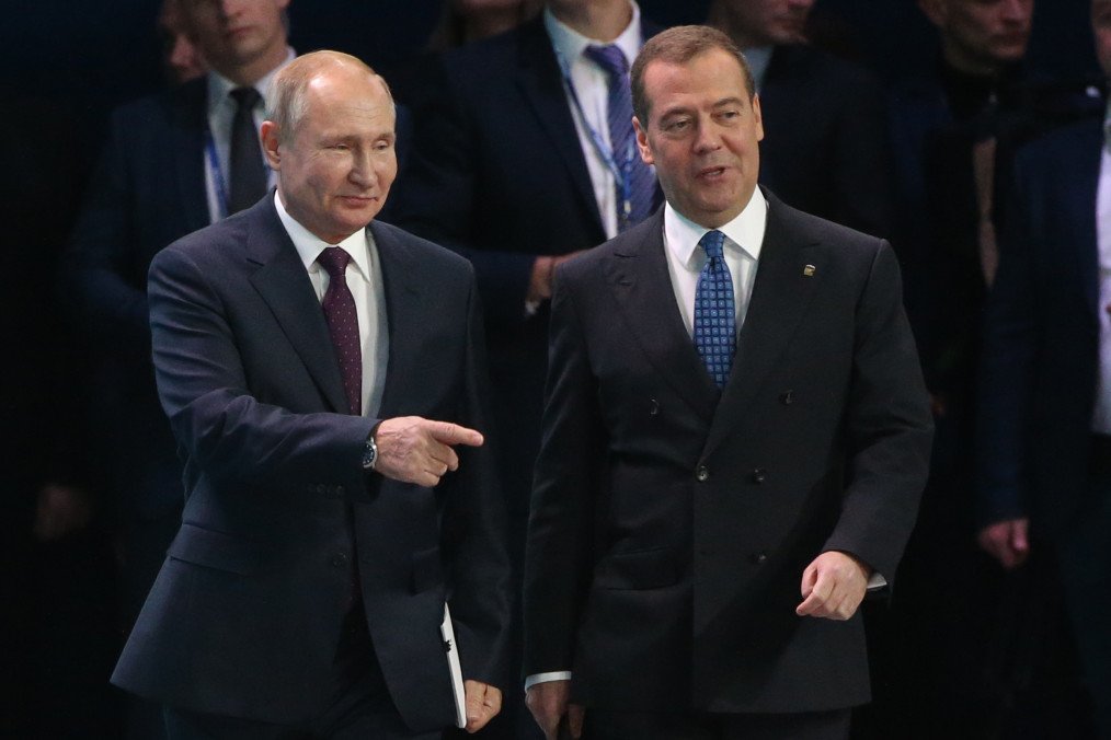 Russian leader Vladimir Putin and then Prime Minister Dmitry Medvedev attend the United Russia Party Congress in Moscow, November 2019. (Source: Getty Images)