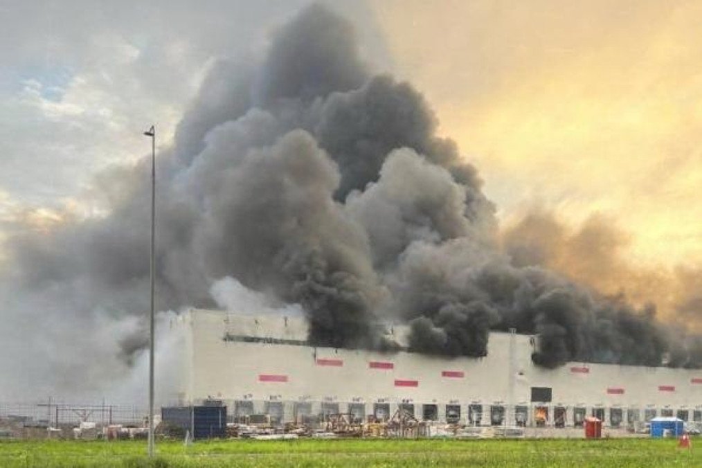 Wildberries logistics center on fire after a drone strike in Ryazan, July 29, 2026.