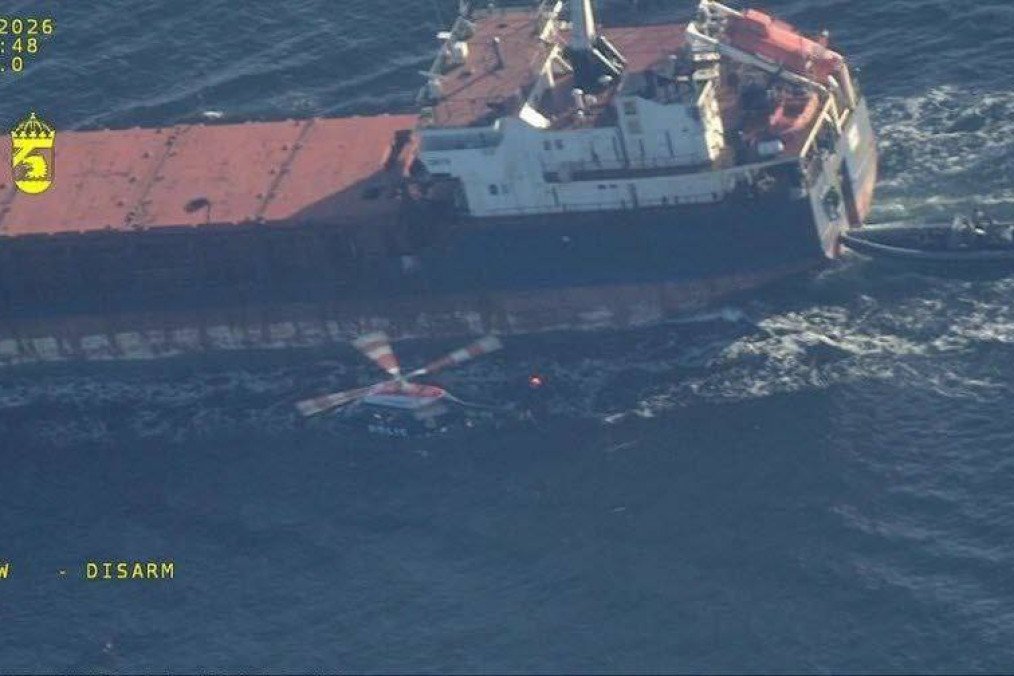 A Swedish Coast Guard helicopter approaches the bulk carrier Caffa during an interception operation in the Baltic Sea, March 6, 2026. (Source: Swedish authorities)