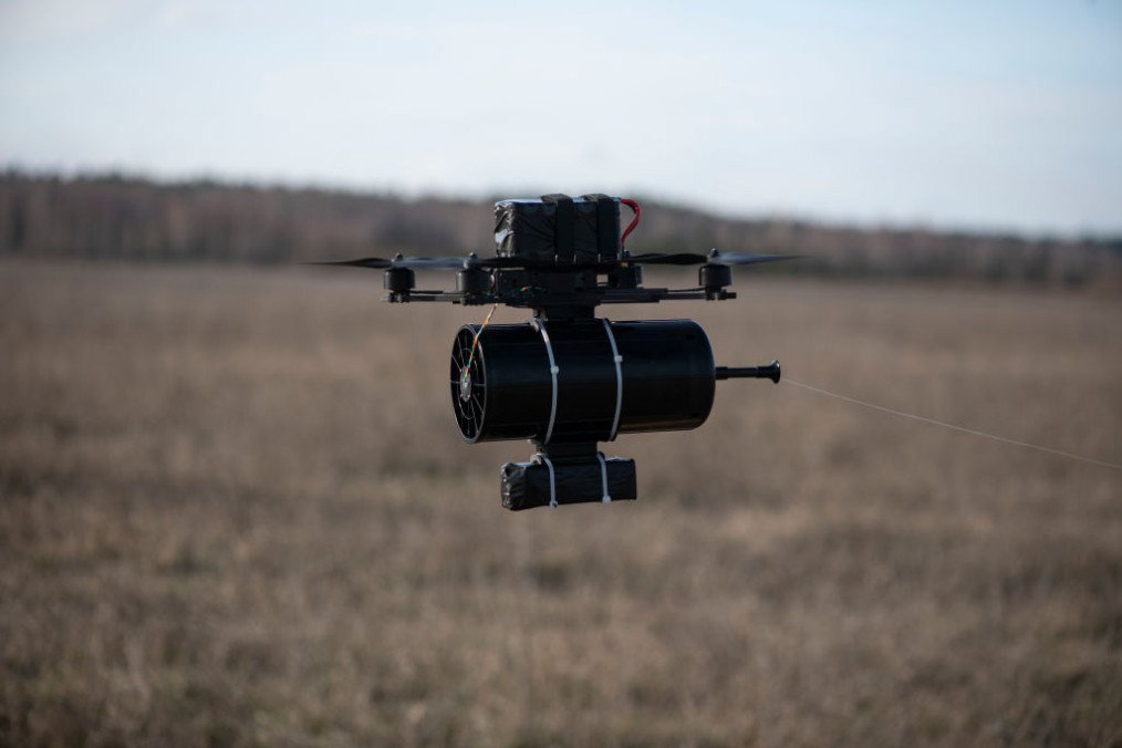 A drone controlled via a fiber-optic cable is seen during a test flight on December 26, 2024 in Kyiv Oblast, Ukraine. (Source: Getty Images)