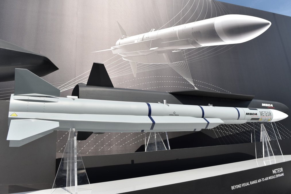 The Meteor Beyond Visual Range Air-to-Air Missile (BVRAAM) is displayed outside the MBDA exhibition hall during the Farnborough International Airshow 2022 on July 19, 2022, in Farnborough, England. (Source: Getty Images)