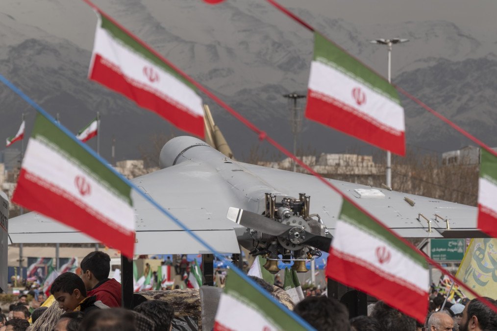 Iranian Shahed-136 attack drone displayed during a rally marking the 47th anniversary of the Islamic Revolution in Azadi Square, Tehran, February 11, 2026. (Source: Getty Images)