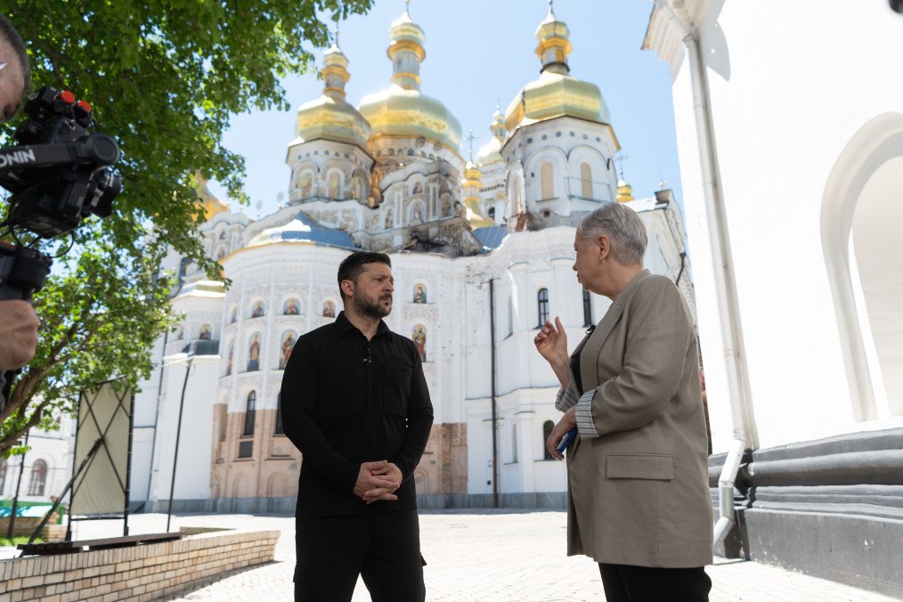 Ukrainian President Volodymyr Zelenskyy gives an interview in front of the damaged Kyiv-Pechersk Lavra, June 2026. Ukrainian President Volodymyr Zelenskyy gives an interview in front of the damaged Kyiv-Pechersk Lavra, June 2026.