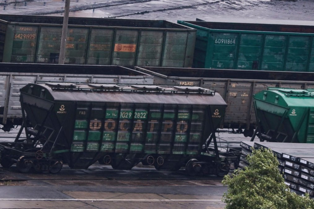 View of freight cars on the territory of the Northern Shipyard in St. Petersburg, Russia. (Source: Getty Images)
