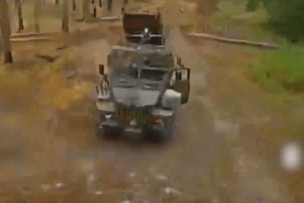 Russian BM-21 Grad missile launcher moments before a Ukrainian drone strike, August 2026.