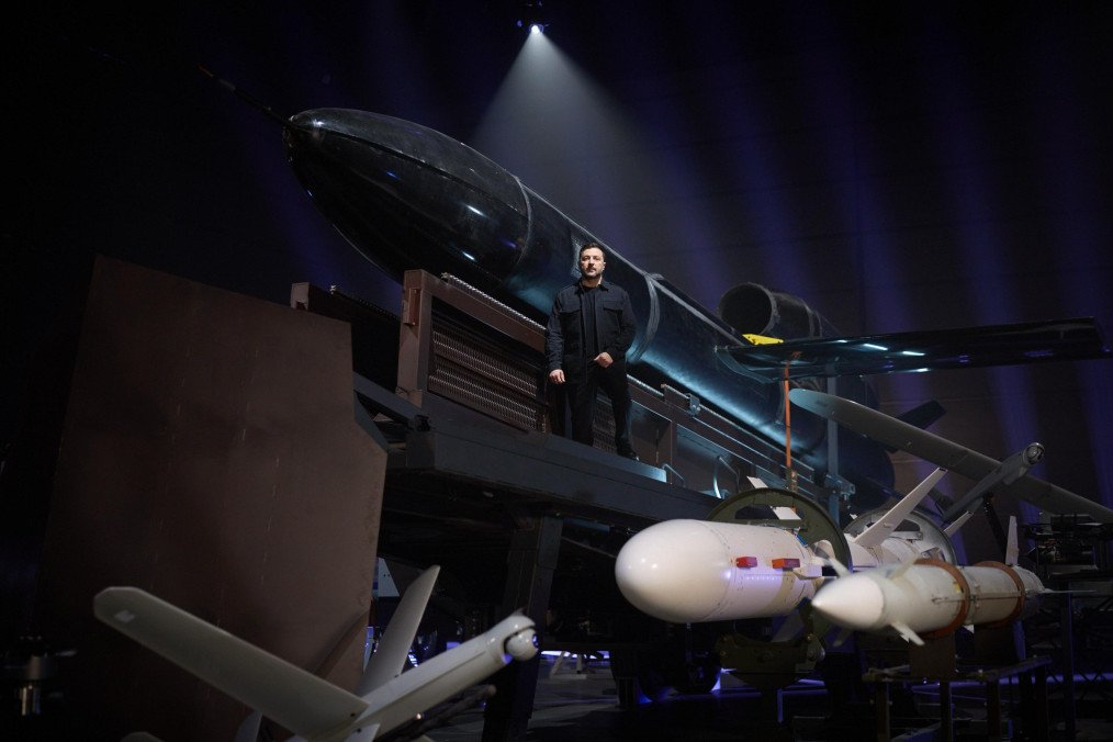 Ukrainian President Volodymyr Zelenskyy with Ukraine’s latest war tech during a congratulatory address to the workers of Ukraine’s defense-industrial complex, April 13, 2026. (Source: ZelenskyyUa/X)