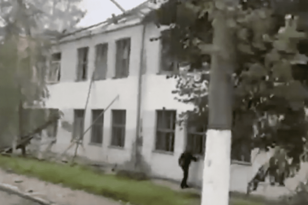 Damage to an educational institution in central Rivne following a Russian drone strike on October 13, 2026. (Source: Rivne Holovne Telegram channel)