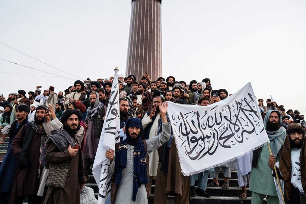Taliban security personnel gathers at the Massoud square as they celebrate the fourth anniversary of their takeover of Afghanistan, in Kabul on August 15, 2025. (Source: Getty Images)