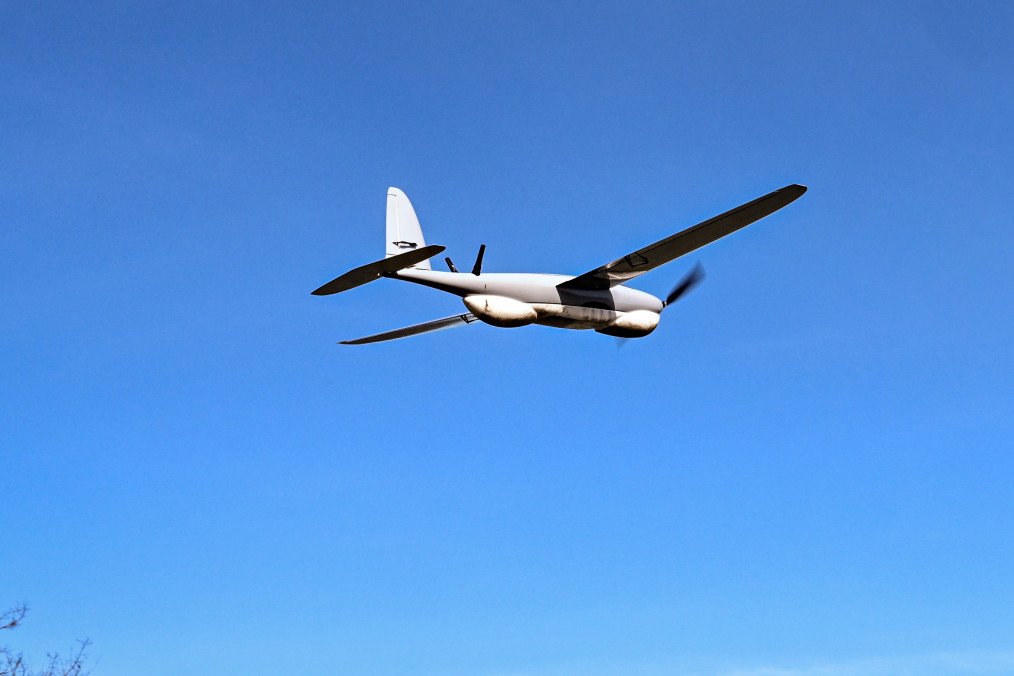 An RQ-35 Heidrun drone used for reconnaissance and artillery fire correction flies in the sky in the Zaporizhzhia direction in Ukraine on February 22, 2026. Illustrative photo. (Source: Getty Images)