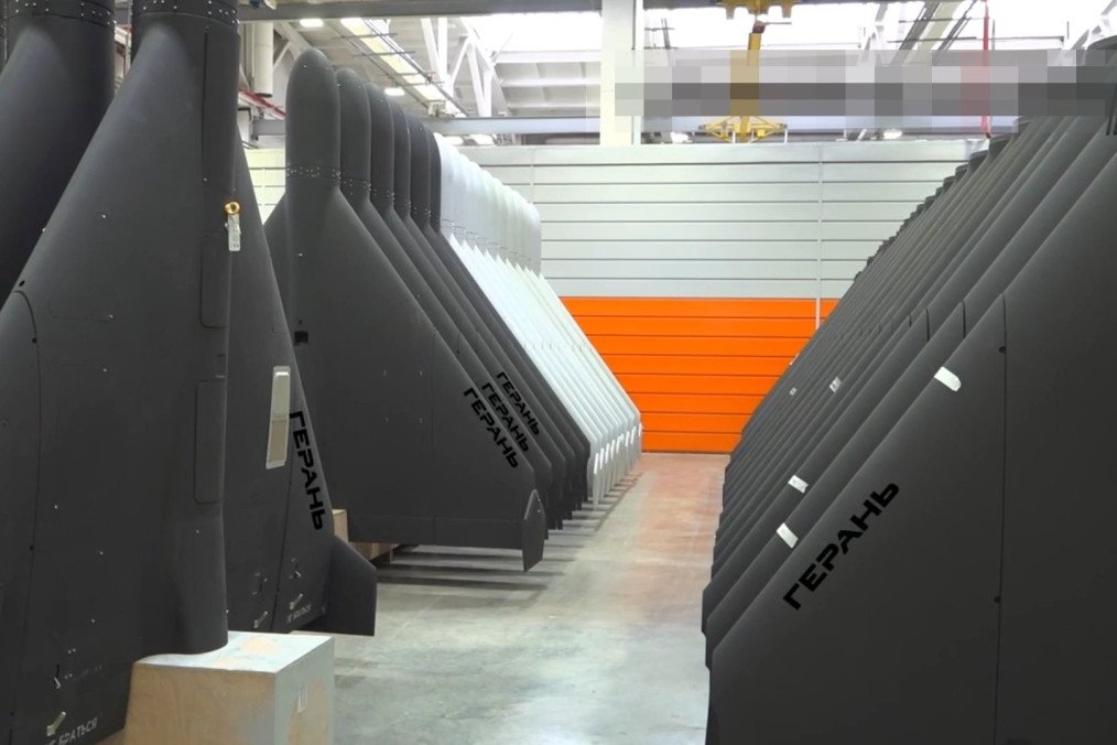 Rows of Russian Geran drone bodies inside a production facility.
