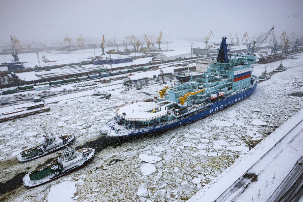 Nuclear icebreaker Yakutiya sails through the Galerny fairway of Kanonersky Island during sea trials during a snowfall in St. Petersburg. (Source: Getty Images) Nuclear icebreaker Yakutiya sails through the Galerny fairway of Kanonersky Island during sea trials during a snowfall in St. Petersburg. (Source: Getty Images)